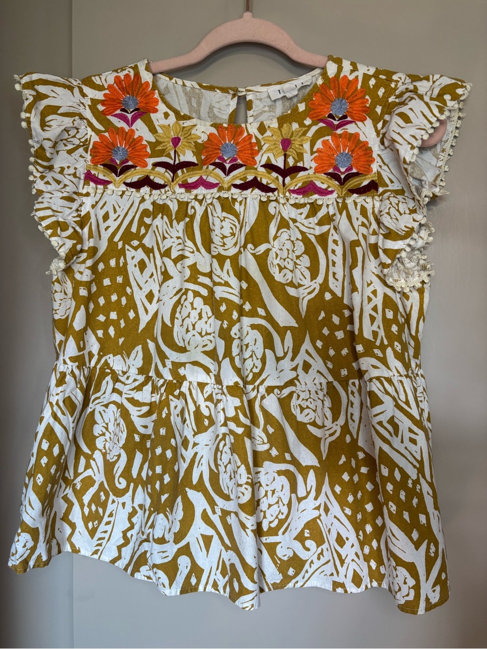 THML Mustard, Orange & Pink Floral Embroidered Top size L